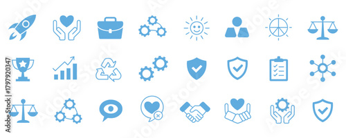 Modern business icons representing growth, success, teamwork, and ethical practices for innovative projects