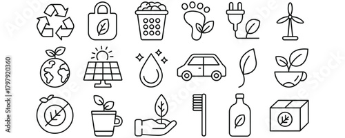 Vibrant collection of modern eco-friendly icons representing sustainability and green living for diverse projects