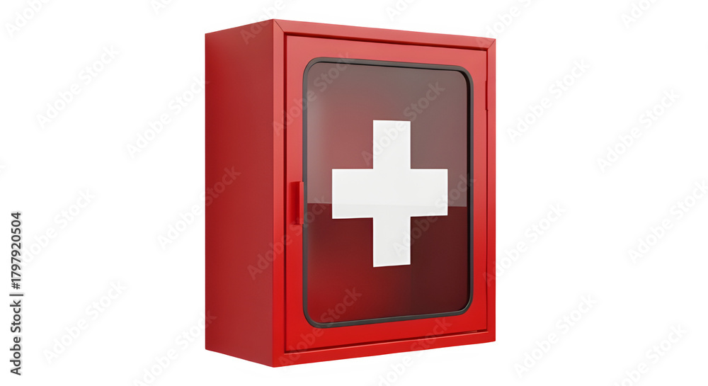 Fototapeta premium Red First Aid Wall Cabinet with Glass Door, Isolated on Black - Emergency Medical Storage