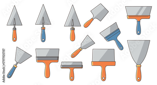Construction tools vector set featuring various trowels and spatulas.