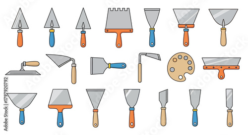 Diverse construction, plastering, and masonry hand tools icons