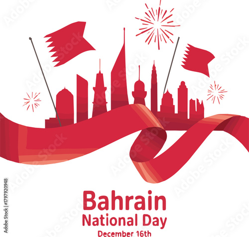 Bahrain National Day celebration with skyline flags and fireworks December 16th