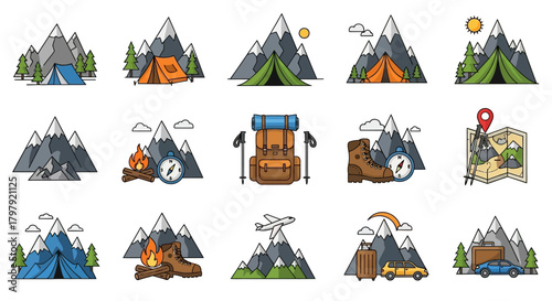 Mountain adventure and camping icons set with travel elements