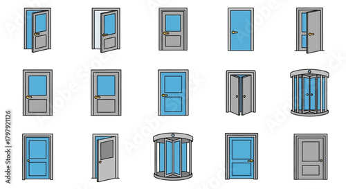 Various door icons set depicting entrance, exit, and choice concepts