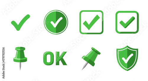 Green checkmark icons, ok text, pushpins, and shield symbols set