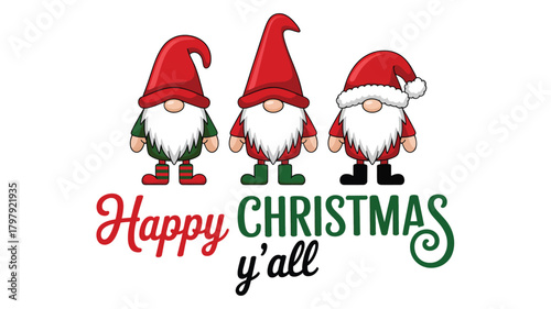 Three adorable christmas gnomes wearing red santa hats and green outfits with white beards and text that says happy christmas yall silhouette