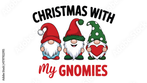 Three adorable christmas gnomes with pointy hats and beards holding a heart celebrating the holidays with a festive silhouette