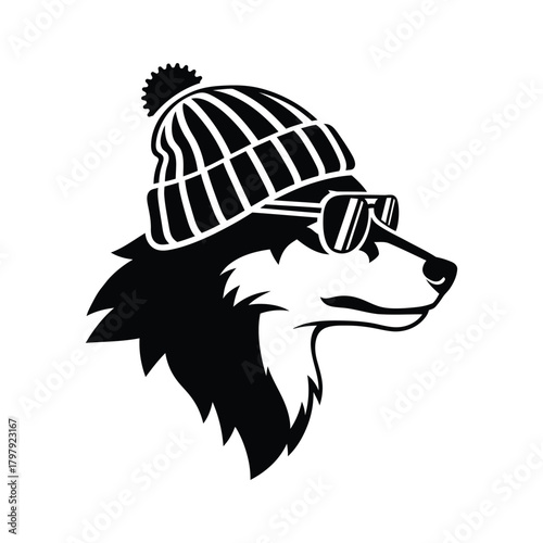 Wolf head with winter hat and sunglasses Vector illustration design 