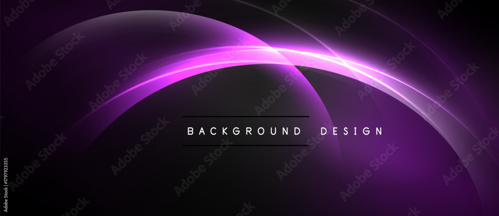 Obraz premium Dark purple abstract background. Smooth curves create glowing lines, modern design element. Text reads background design.