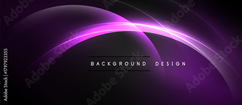 Dark purple abstract background. Smooth curves create glowing lines, modern design element. Text reads background design.