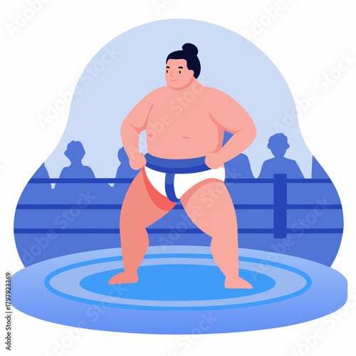  Sumo wrestler in the ring, traditional sport, athletic competition, blue background