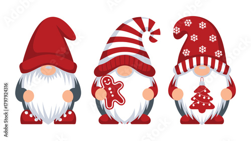 Three charming christmas gnomes with red and white striped hats and festive winter clothing presented in a delightful silhouette style