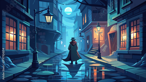 Very beautiful mysterious night alley scene with a lone cloaked figure walking through swirling mist, dim lantern light reflecting on wet cobblestones, and an eerie, atmospheric sense of quiet suspens