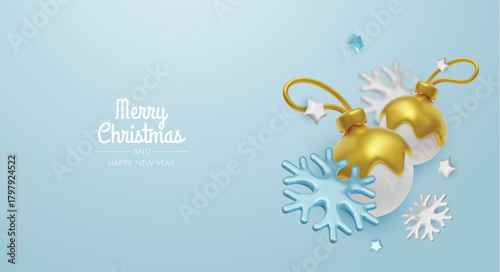 Happy New Year and Merry Christmas. Christmas holiday background with realistic 3d objects, bauble balls, conical metal stars. Levitation falling design composition.