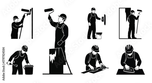 Silhouettes of construction workers performing painting and repair tasks
