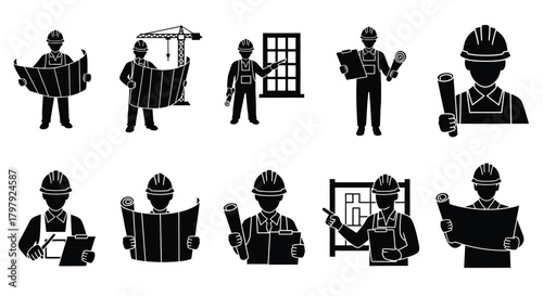 Construction workers in black silhouettes performing various tasks on site