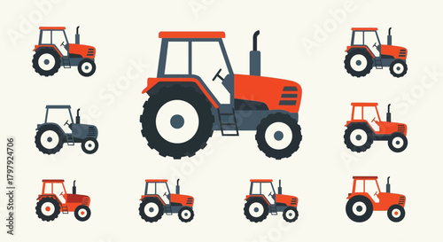A collection of orange and black farm tractors in various sizes