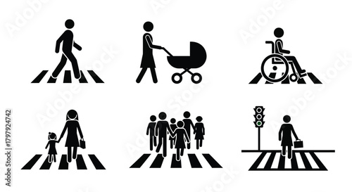 Pedestrian crossing icons depicting diverse people strollers and accessibility