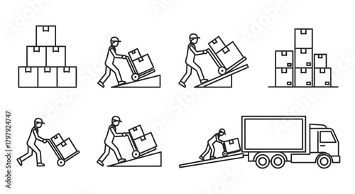 Line art illustration depicting workers moving cardboard boxes with ramps and a truck