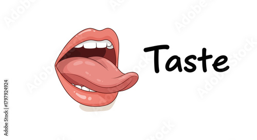 Taste concept: mouth with tongue extended, graphic illustration.