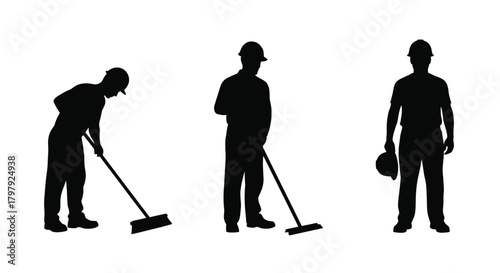 Silhouettes of construction workers engaged in various cleaning and labor tasks