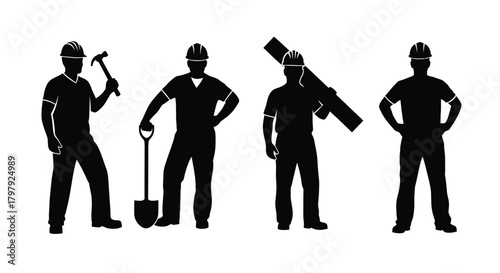 Silhouettes of construction workers with various tools and safety helmets