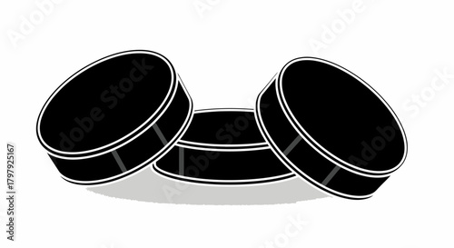 Three isolated hockey pucks ready for intense ice hockey game