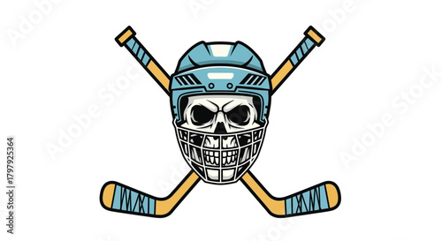 Ice hockey skull mascot in goalie helmet with crossed sticks.