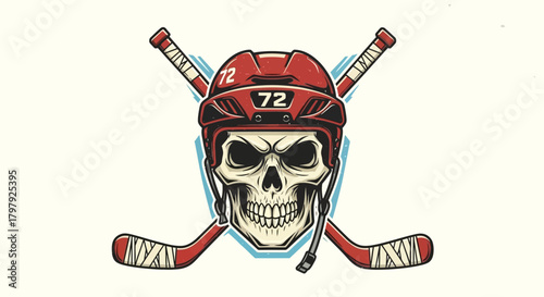 Hockey skull wearing helmet with crossed sticks retro sport design