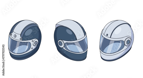 Three stylized motorcycle racing helmets with visors safety gear