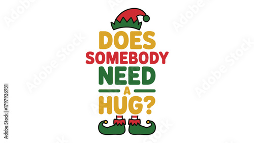 Festive christmas elf silhouette illustration with a playful question about hugs and holiday cheer