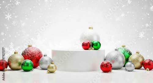 Christmas ornaments surround a white pedestal with falling snow.