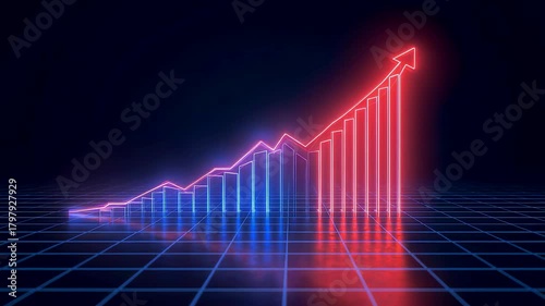 Glowing Neon Rising Bar Chart with Red Arrow Top on Blue Digital Grid Background in Dark Space