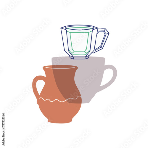 Minimalist flat vector time layered mug combining an ancient clay vessel, a modern ceramic cup and a futuristic glowing nano mug, shown as overlapping shapes on a clean white background 