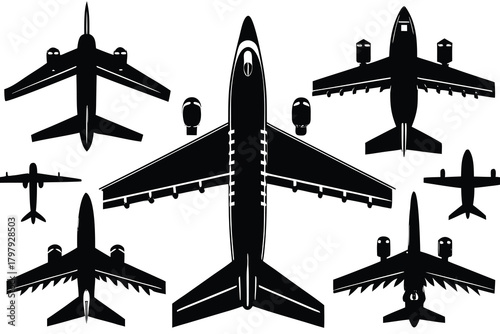 Airplane top view set silhouette isolated on white background VECTOR 