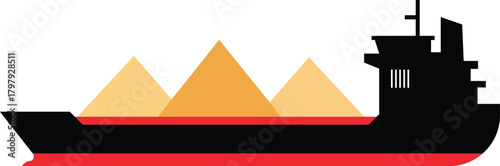 Stylized silhouette of a cargo ship with abstract geometric mountain shapes in its hold against a white background