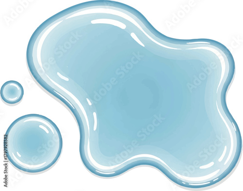 A clear transparent and refreshing puddle of light blue liquid water with smaller droplets on a clean white background