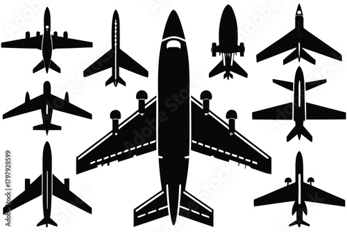 Airplane top view set silhouette isolated on white background VECTOR 