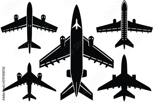 Airplane top view set silhouette isolated on white background VECTOR 