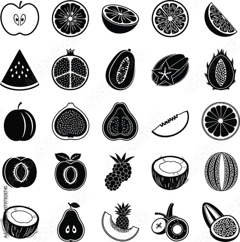 Assortment of Fresh Fruits in Black and White Silhouettes Keywords: apple, orange, lemon, lime, watermelon, pomegranate, papaya