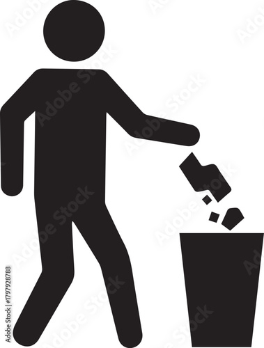 Silhouette of a person throwing trash into a bin representing cleanliness waste disposal and environmental responsibility in a simple graphic icon style