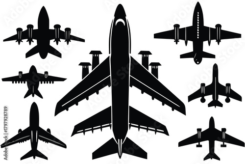 Airplane top view set silhouette isolated on white background VECTOR 