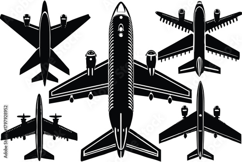 Airplane top view set silhouette isolated on white background VECTOR 