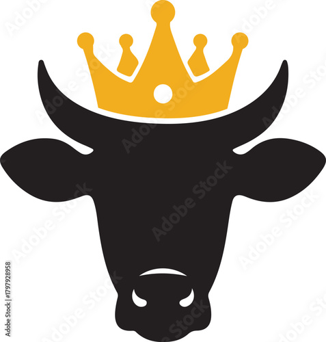 Majestic black bull head silhouette wearing a golden royal crown symbolizing power strength and leadership in a minimalist style