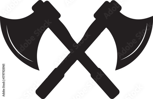 Two stylized black silhouettes of crossed axes with sharp blades and wooden handles on a white background representing strength and power