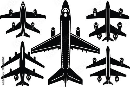 Airplane top view set silhouette isolated on white background VECTOR 