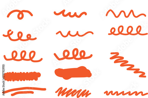 Hand-drawn orange lines, squiggles, spirals, and scribbles vector illustration set