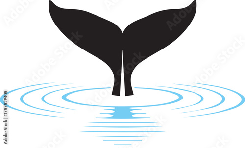 Abstract silhouette of a black whale tail emerging from rippling blue water creating concentric circles on white background