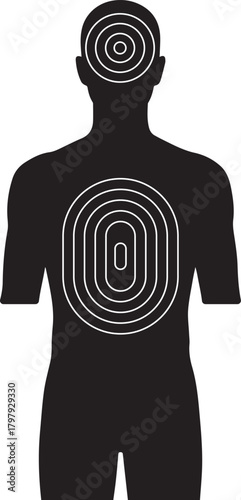 Silhouette of a human shaped target with concentric circles on the chest and head for shooting practice and marksmanship training