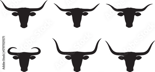 Collection of six distinct black silhouettes of longhorn cattle skulls with prominent horns against a clean white background